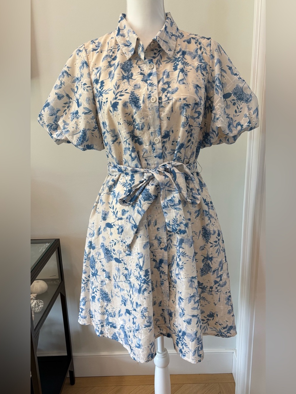 Sam Edelman Blue Floral Print Eyelet Tie-Waist Mini Dress, Size 10, Cottagecore